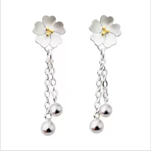 14k Gold Gorgeous Flower Drop Earrings Sterling Silver - Picture 2 of 9